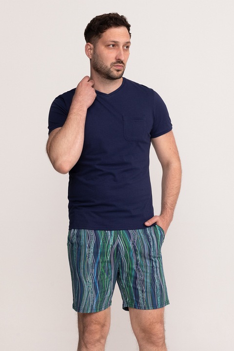 Soft & Seven BY SOFIAMAN, Pijama scurta cu decolteu in V Noah, Verde/Violet/Bleumarin