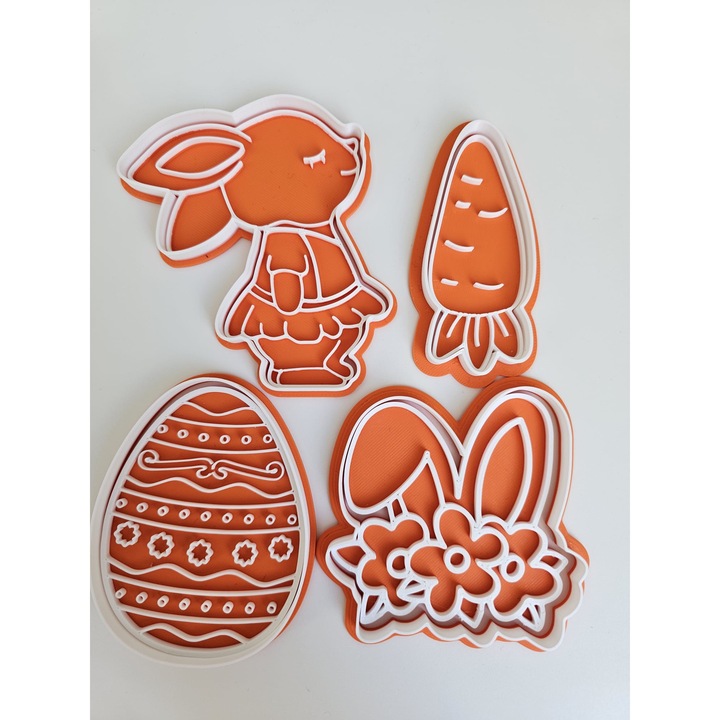 Set 4 Forme Prajituri Cookie Cutters Paste - Iepuras Ou Morcov Flori - Stampile Biscuiti Artizanali - Portocaliu/Alb