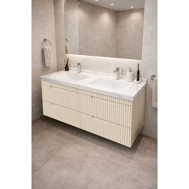 Mobilier de baie Baza MDF si lavoar granit Dubai, cu soft-close, Badenmob, seria 833, Suspendat cu Sertare, 120x54x46cm, Crem