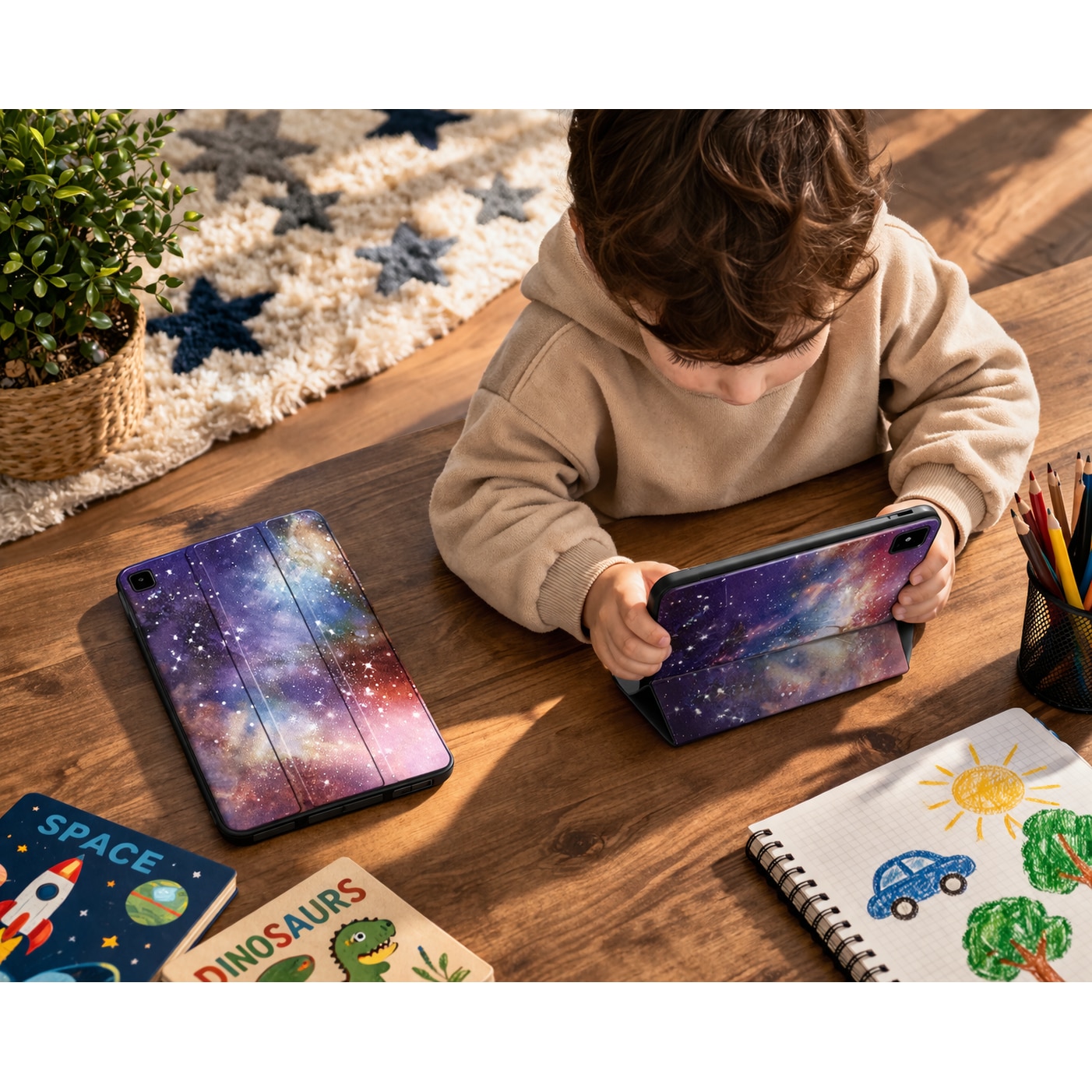 Husa tableta StandPro pentru Lenovo Idea Tab Plus 12.1, Protectie 360°, Carcasa Rigida, Piele ECO, Anti-soc si Anti-zgarieturi, Galaxie