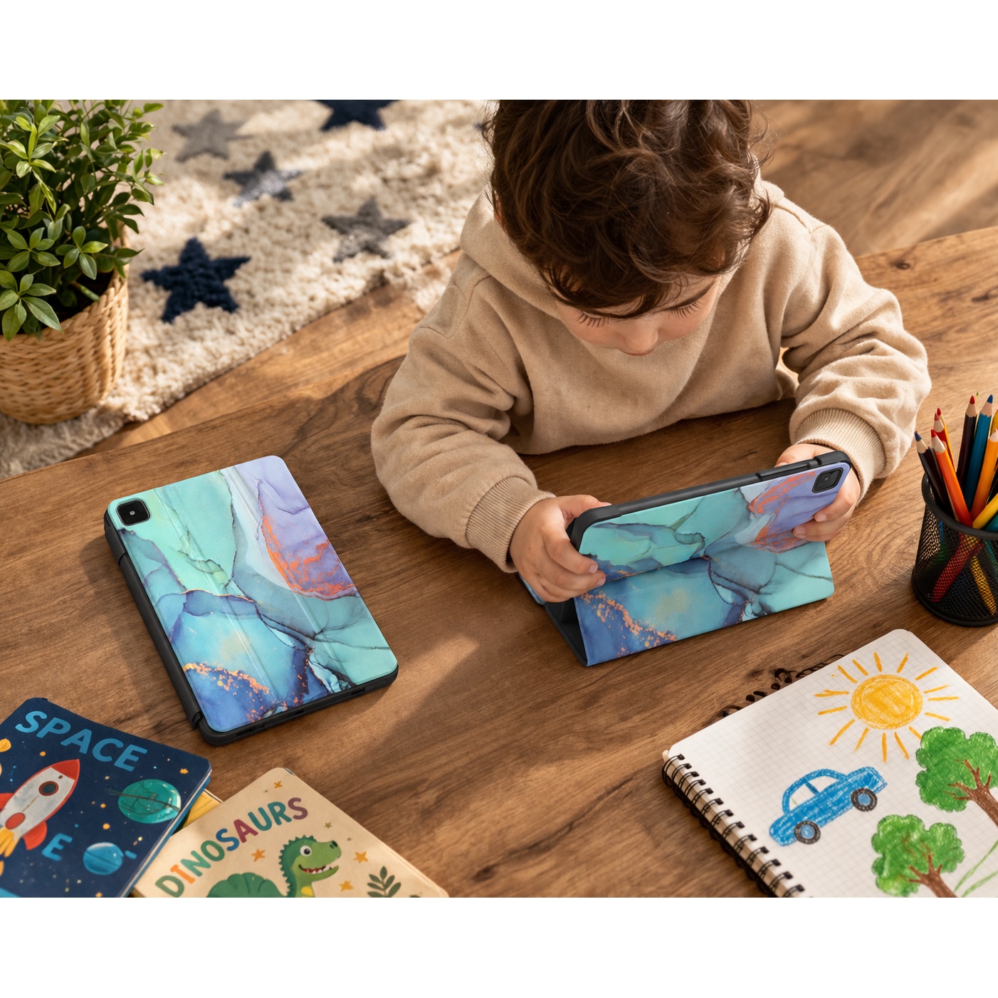 Husa tableta StandPro pentru Lenovo Idea Tab Plus 12.1, Protectie 360°, Carcasa Rigida, Piele ECO, Anti-soc si Anti-zgarieturi, Marmura