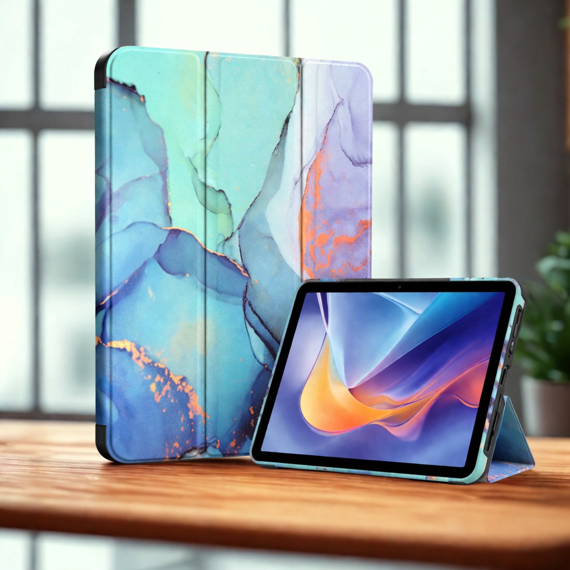 Husa tableta StandPro pentru Lenovo Idea Tab Plus 12.1, Protectie 360°, Carcasa Rigida, Piele ECO, Anti-soc si Anti-zgarieturi, Marmura