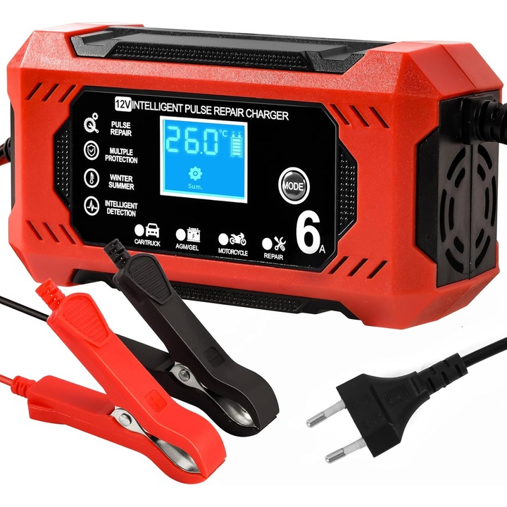 Incarcator de baterie auto, incarcator inteligent de baterie 12V 6A, incarcator de baterie pentru motociclete cu ecran LCD, incarcatoare de baterii pentru masini, motociclete, camioane, AGM, gel, umed, SLA