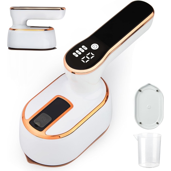 Fier de calcat cu aburi portabil 2 in 1, 1000W, alb, 100ml, 3 trepte abur, maner rotativ 180°