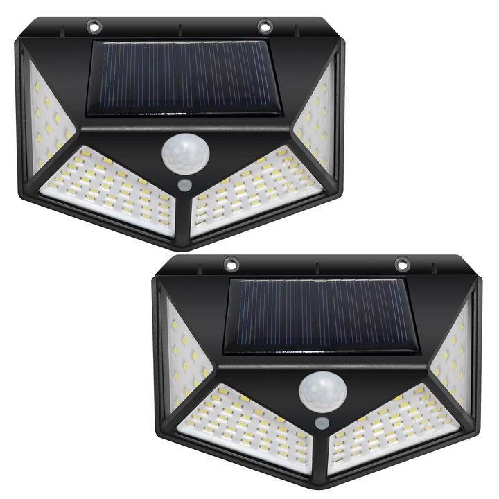 Set 2 Lampi Solare cu Senzor de Miscare, 100 LED-uri, 270° Iluminare, IP44, Montare pe Perete