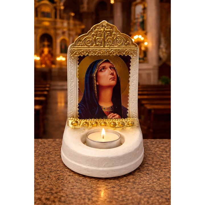 Candela „Maica Domnului Indurerata in Rugaciune” – Alinare in Necazuri si Intarire in Rugaciune- culoare alba - cu lumanare tip pastila