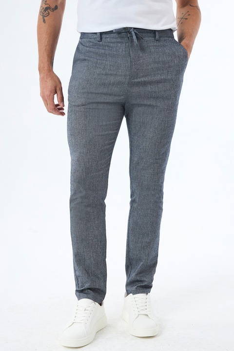 Felix Hardy, Pantaloni slim fit din amestec de bumbac si in, Albastru melange, 3XL
