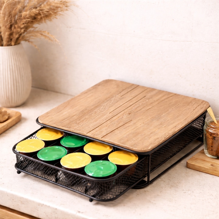 Suport capsule cafea, organizator metalic cu design compact, 30.5x24x6.5 cm, structura metal + MDF, negru mat