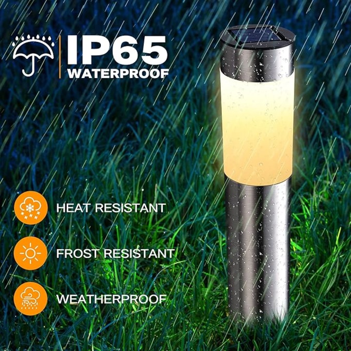 Градински соларни лампи, комплект 4 броя, бял LED, инокс, 8-10ч работа, IP65, 30x10см