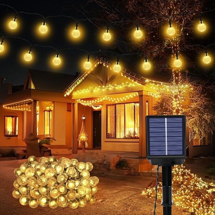 Слънчева LED гирлянда 100 перли, 18м, топло бяла, IP65, пълен комплект