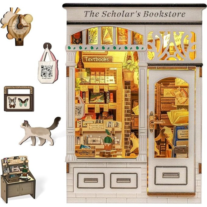 Set de constructie Libraria Carturarul, decorativ, asamblare manuala, lemn, multicolor