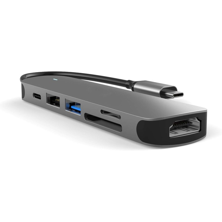 Hub USB-C 6-in-1, HDMI 4K, USB-A 3.0, cititor carduri SD/TF, aluminiu