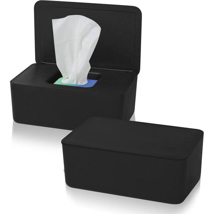 Suport servetele, set 2 piese, cutie pentru servetele umede cu capac, negru, material PP