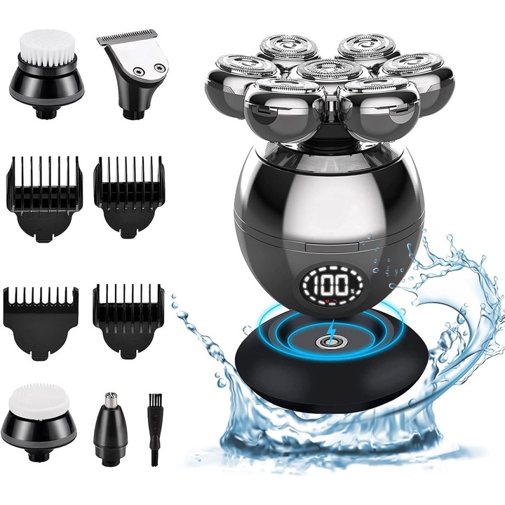 Aparat de ras electric 5 in 1, impermeabil, 7 capete rotative, incarcare rapida USB, display LED