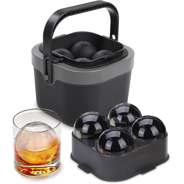 Set forme cuburi de gheata din silicon, design sferic, pentru cocktailuri si bauturi reci, 4 bile mari, transparent