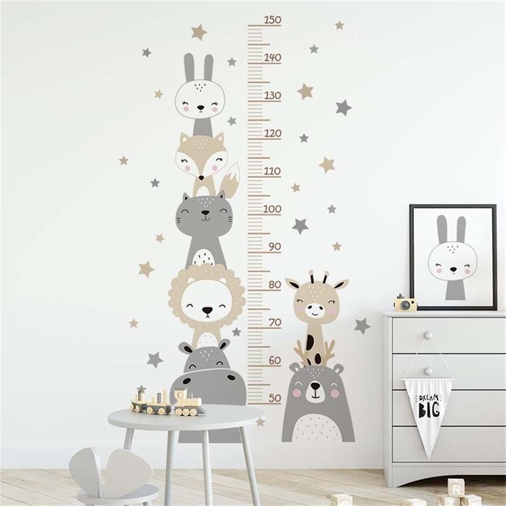 Sticker decorativ pentru copii - Grafica animale din padure - Autocolant de masurare inaltime - Gri