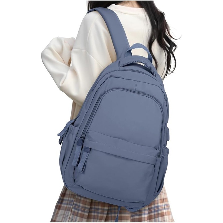 Ghiozdan unisex, 14 inch, capacitate mare, design multi-poche, albastru regal