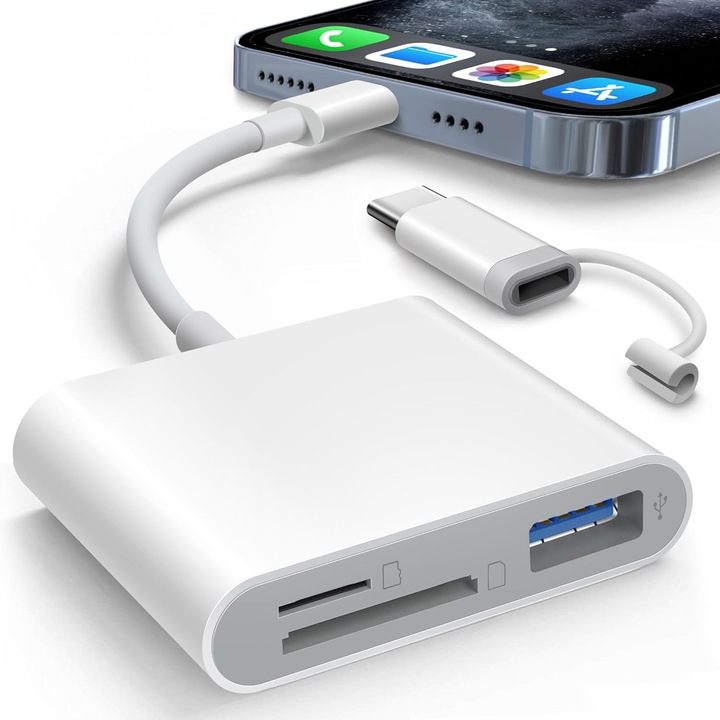 Cititor de carduri SD pentru iPhone si iPad, adaptor dual Lightning si USB-C, 3 sloturi pentru SD, MicroSD si USB-A, portabil, plug-and-play
