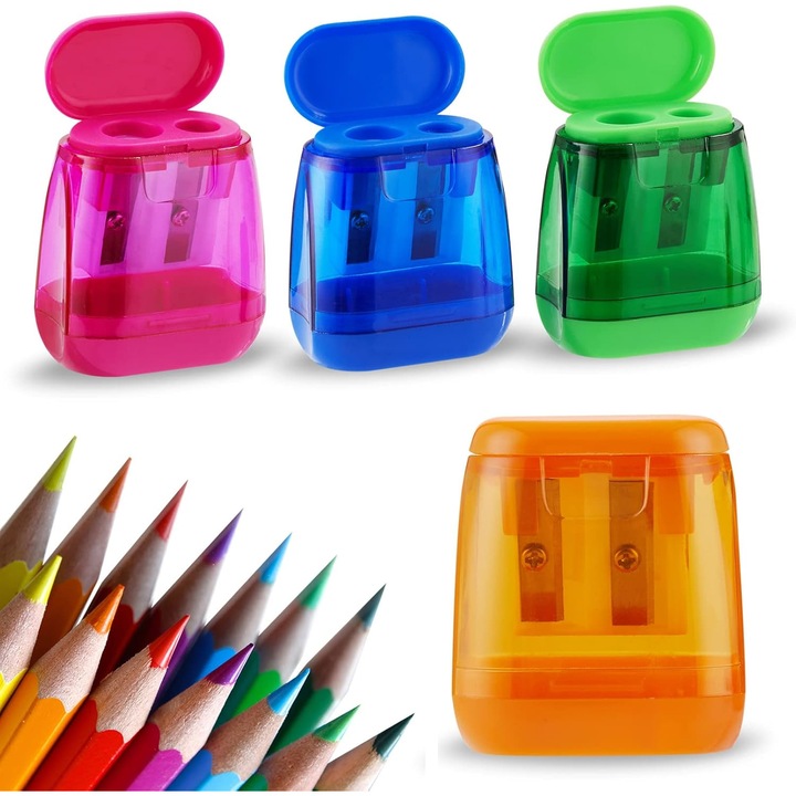 Set ascutitori manuale cu doua gauri, 24 bucati, multicolor, compact, pentru creioane de diferite dimensiuni