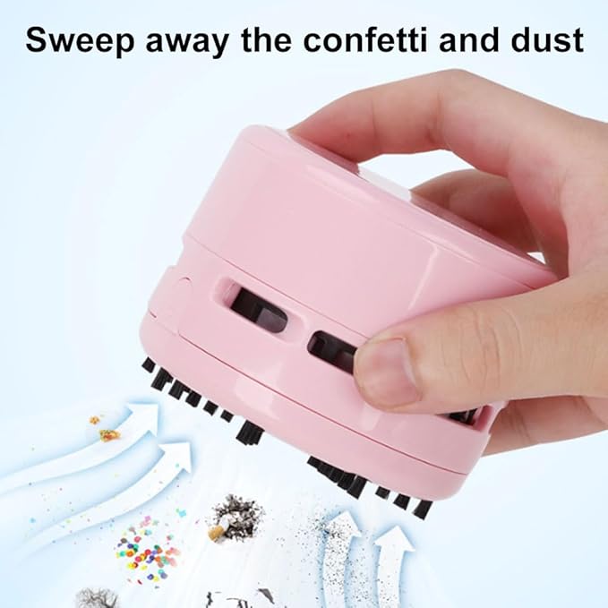 Aspirator mini desktop, portabil, alimentat cu baterii, roz, set de curatare pentru birou si masina