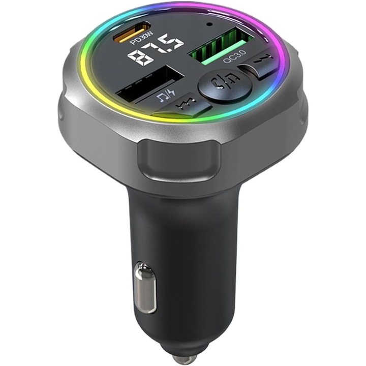 Transmitator FM, adaptor radio cu 7 culori, converter muzical auto 30W PD & QC3.0