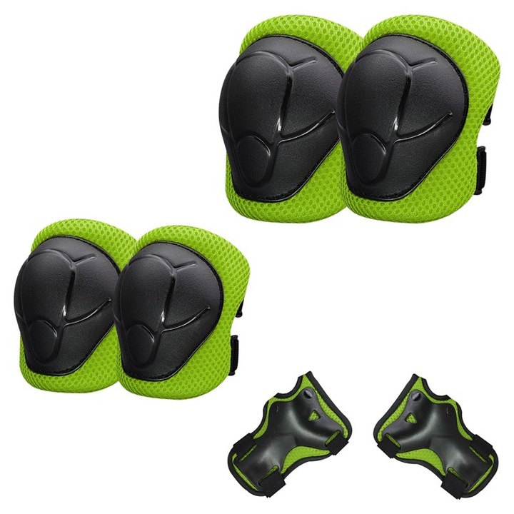 Set de protectie 6 piese pentru copii, manusi, genunchiere, cotiere, verde/negru, S