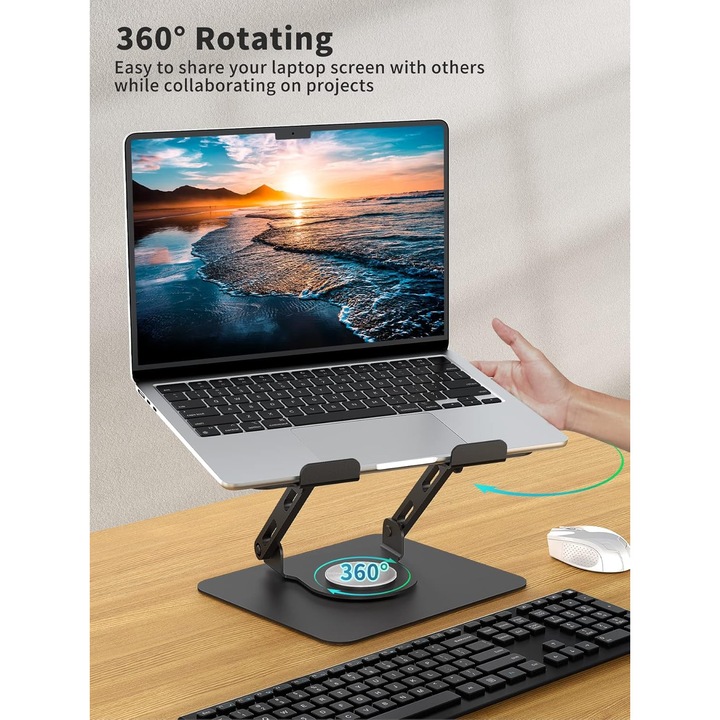 Suport laptop, 360° rotativ, inaltime ajustabila, design pliabil, cadru metalic stabil, pentru laptopuri de 10-15.6 inch, negru.