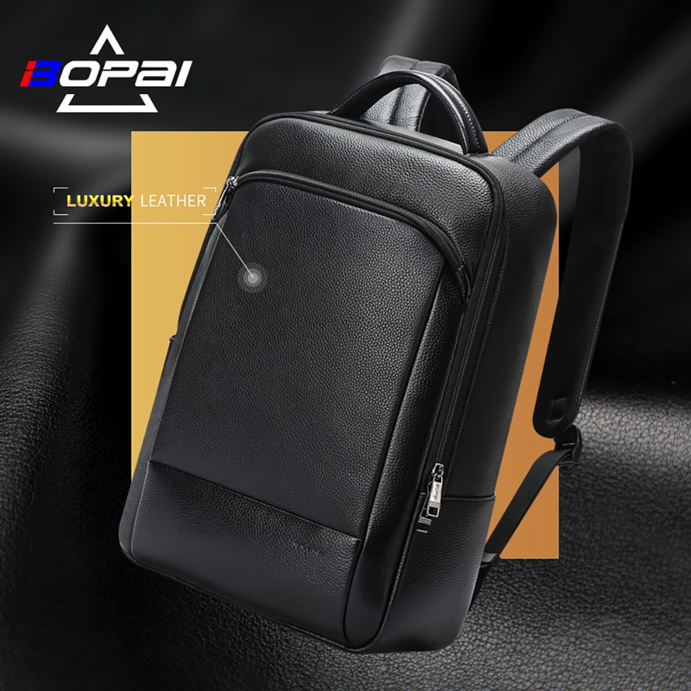 Rucsac din piele Bopai Ventus pentru laptop 15.6", negru, dimensiuni 44x32x13cm, capacitate 18.5L