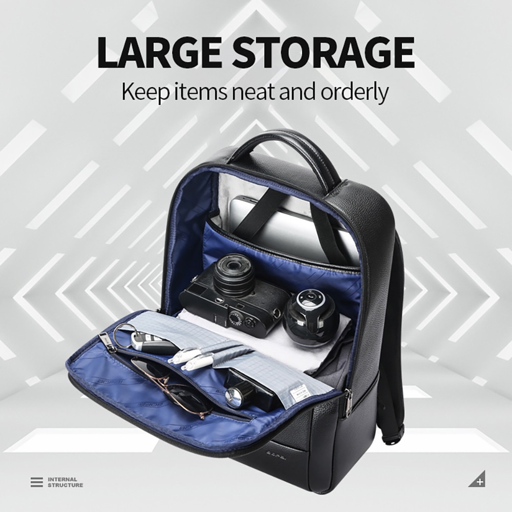 Rucsac din piele Bopai Ventus pentru laptop 15.6", negru, dimensiuni 44x32x13cm, capacitate 18.5L