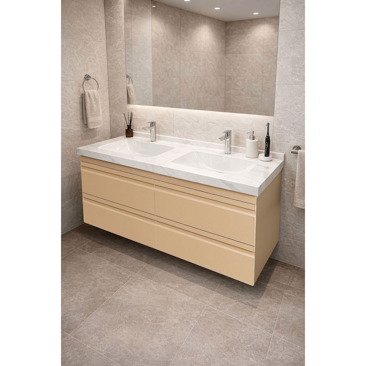Mobilier de baie Baza MDF si lavoar Dubai, cu soft-close, Badenmob, Suspendat cu Sertare, seria 886, 120x54x46cm, Cappuccino