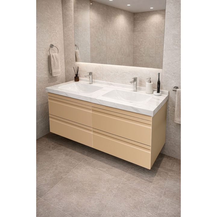 Mobilier de baie Baza MDF si lavoar Dubai, cu soft-close, Badenmob, Suspendat cu Sertare, seria 886, 120x54x46cm, Cappuccino