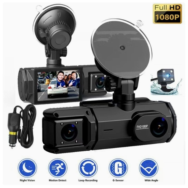 Magas felbontású 1080P, háromcsatornás autós DVR kamera, mobiltelefon csatlakozással és infravörös éjjellátóval, Fekete