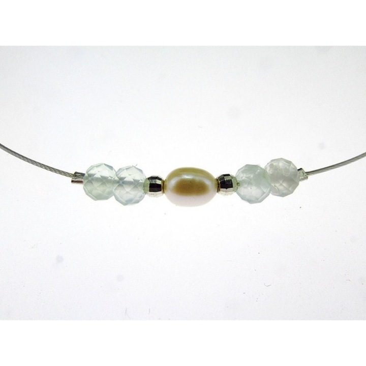 Colier argint cu acvamarin fatetat și perlă de cultură, 47cm