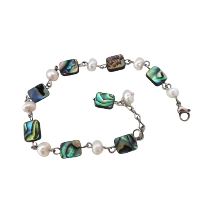 Bratara din inox cu scoici Abalone si perle albe, 20 cm
