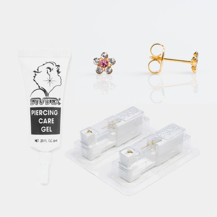 Pachet complet piercing urechi, SENSITIVE, cercei medicinali aurii cu cristale, otel, 5, 5 mm