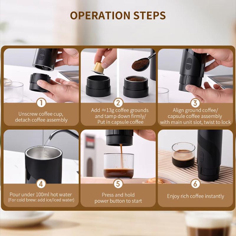 Aparat de cafea portabil 2-in-1, Aiorber, extractie la presiune inalta de 20 bari, compatibil cu cafea macinata/capsule, IPX5, filtru de cafea de 51 mm, portabil, compatibil cu Nespresso, negru