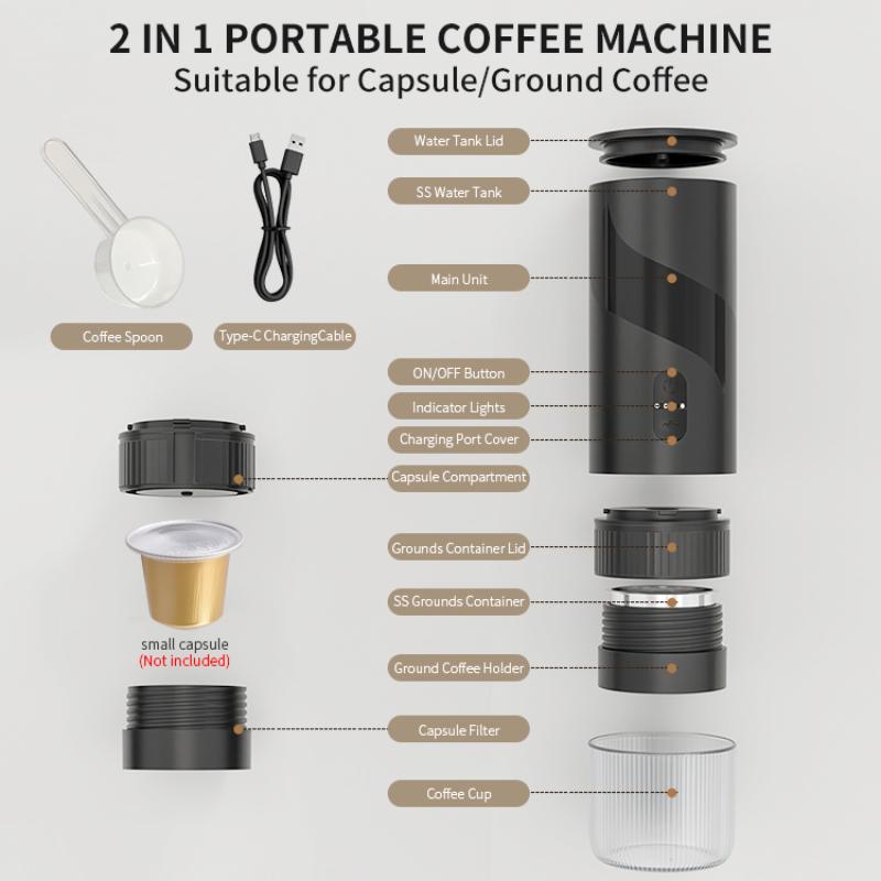 Aparat de cafea portabil 2-in-1, Aiorber, extractie la presiune inalta de 20 bari, compatibil cu cafea macinata/capsule, IPX5, filtru de cafea de 51 mm, portabil, compatibil cu Nespresso, negru