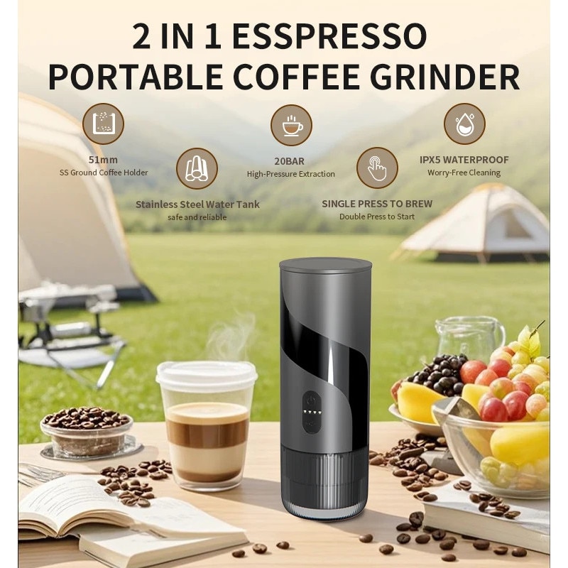 Aparat de cafea portabil 2-in-1, Aiorber, extractie la presiune inalta de 20 bari, compatibil cu cafea macinata/capsule, IPX5, filtru de cafea de 51 mm, portabil, compatibil cu Nespresso, negru
