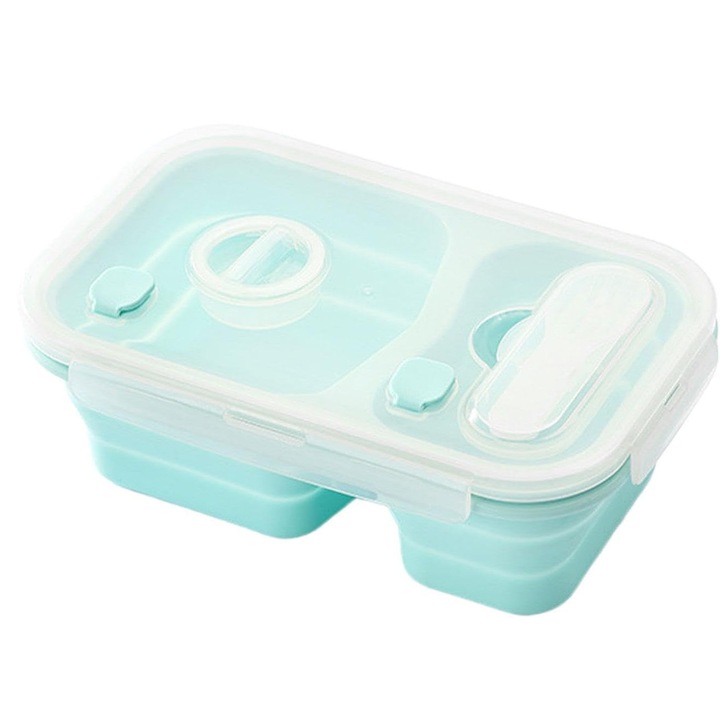 Cutie alimentara pliabila din silicon, compartimente multiple, culoare albastru pudra, 20x15x6cm