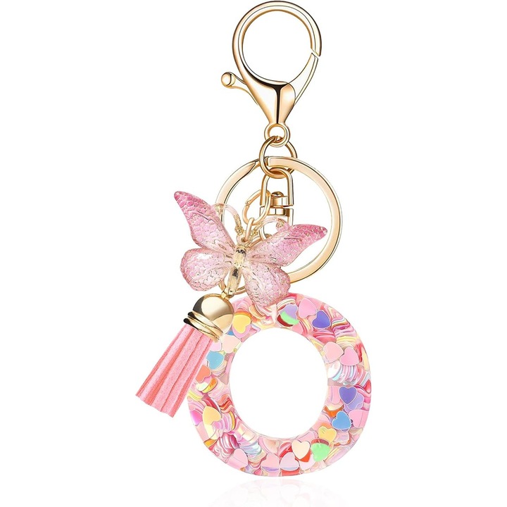 Breloc personalizat cu litera, design cu fluturas si ciucure, 10.8x4cm, multicolor