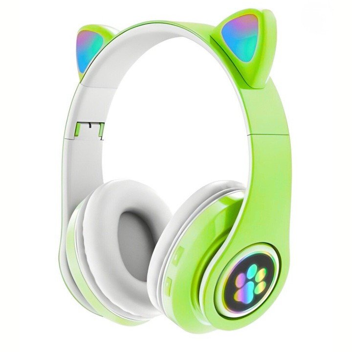 Casti wireless pentru copii, Cribeau, urechi de pisica, pliabile, verde