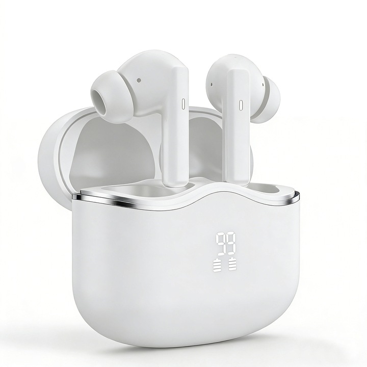 Vezeték nélküli fülhallgató, -45dB zajszűrés, 6 HD mikrofon, Bluetooth 5.4, Fehér, in-ear