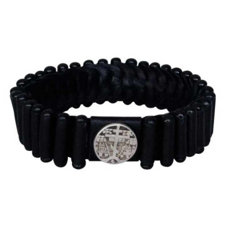 Bratara din piele ecologică cu cruce rusească, Lestovka de Buzunar, Athos, neagră, 100 trepte