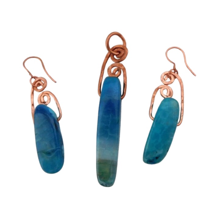 Set pandantiv și cercei, Pio, cupru, agate albastre, 5x1cm, 3x1cm