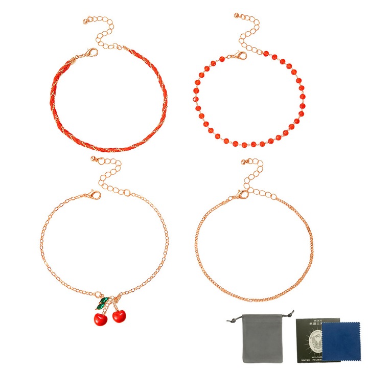 Bratara de glezna, set de 4, aliaj placat cu aur de 14K, 22+5, 5 cm, rosu cires, auriu