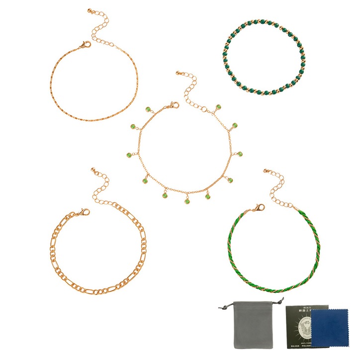 Set de 4 brățări de glezna, aliaj, verde și auriu, 22+5, 5 cm