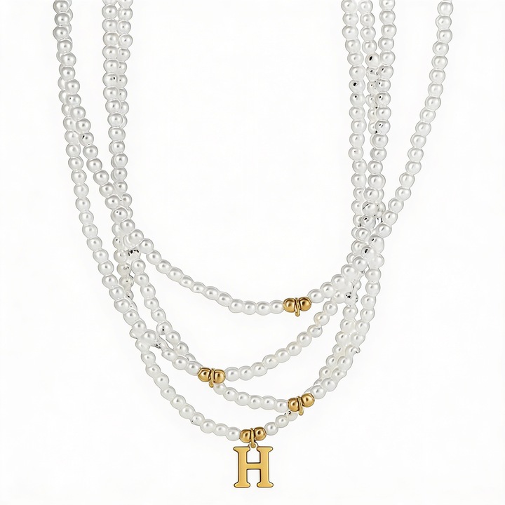 Colier din perle cu litera personalizată, Diora, alb, elegant, litera H