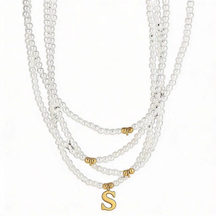 Colier din perle cu litera S, Diora, alb, elegant, 38cm