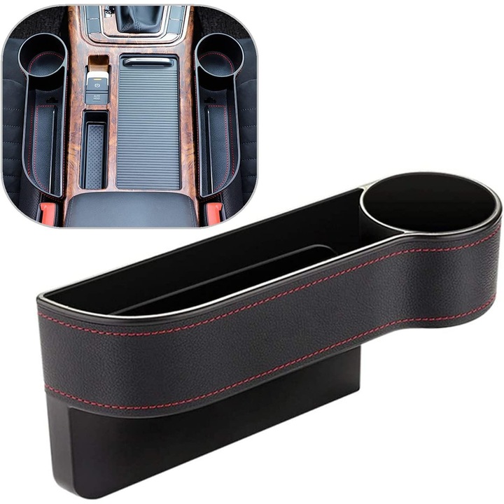 Suport auto pentru scaun, cutie de depozitare cu 2 compartimente, suport pentru cana, plastic ABS si piele PU, dimensiuni 30x15x10cm