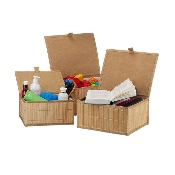 Set de 3 cosuri de depozitare, Northio, bambus, cu capac, 30x25x20cm